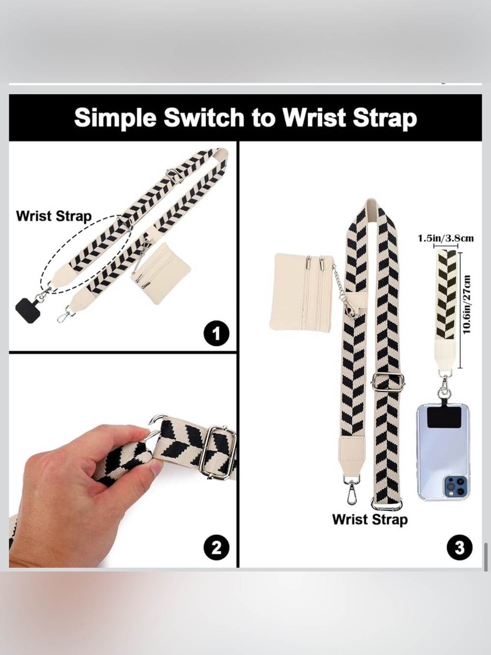 Cream & Black Geometric Phone Crossbody Strap with Mini Wallet - Picture 3 of 6